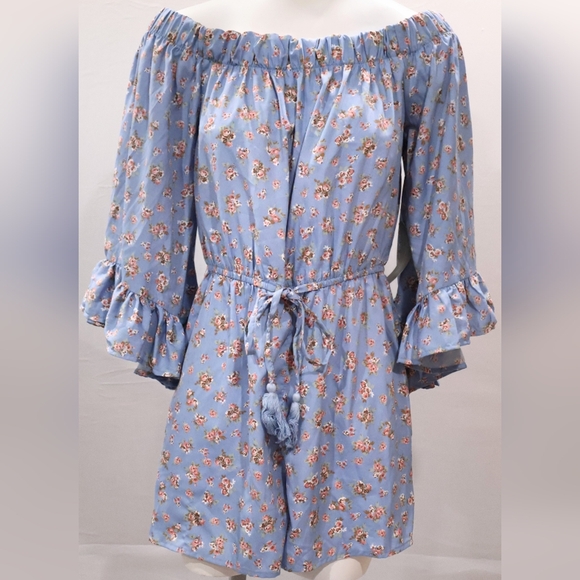 Blush | Blue Floral Off-Shoulder Romper - Picture 1 of 8